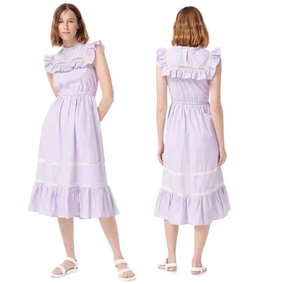 J Crew SM Tiered Ruffle Midi Dress Purple Seersucker Pattern Lace Trim Pockets - Picture 1 of 12